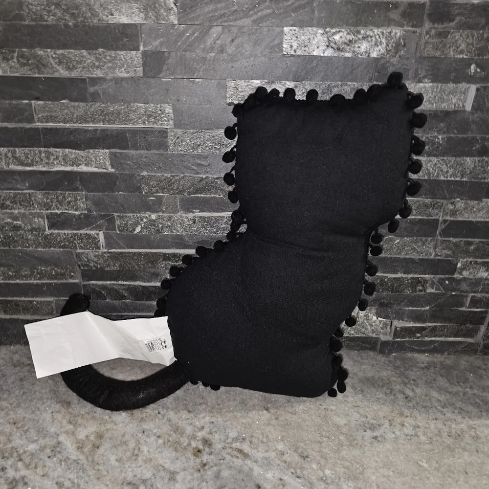 🐈‍⬛️ New Halloween Black Cat Shaped Throw Pillow w/ Pom Pom Trim & Tail – 14